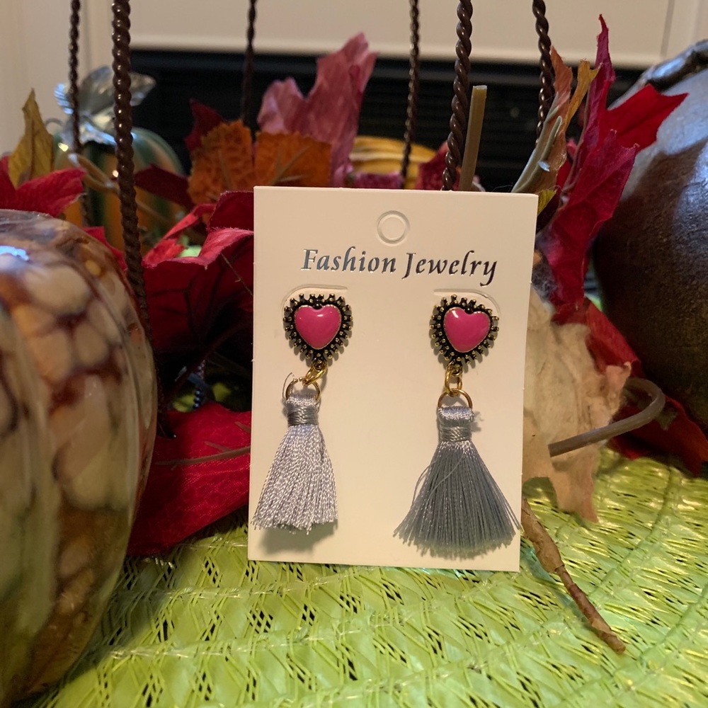 Pink heart and grey tassel earrings